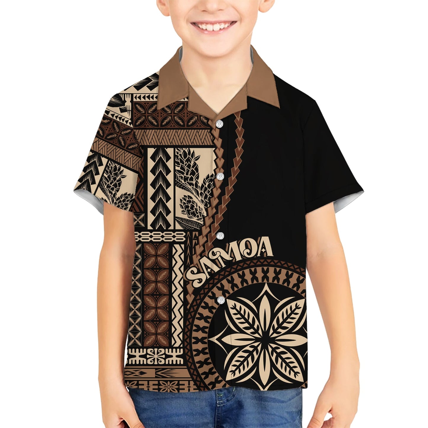 Hawaiihemd im klassischen Stil mit Samoa-Siapo-Motiv – Schwarz, Version LT7