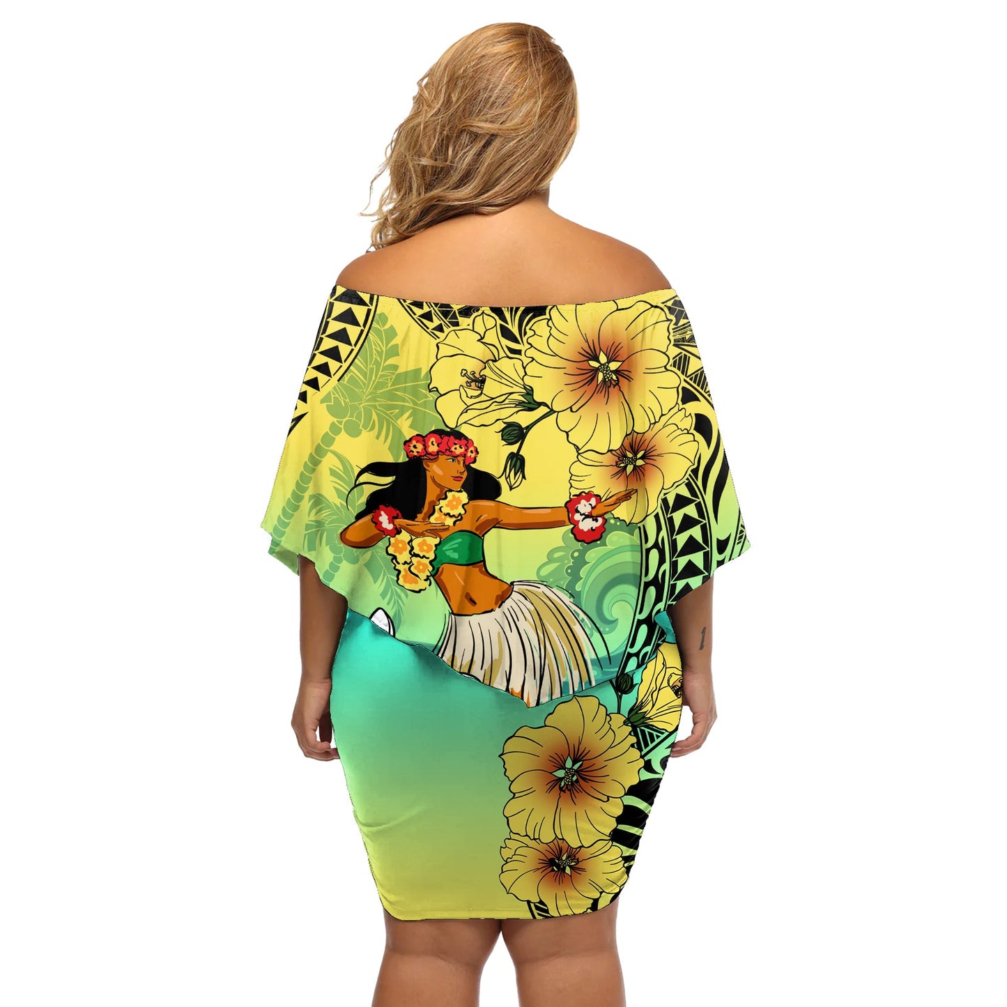 Honolulu Hawaii schulterfreies kurzes Kleid blumen Ilima Plumeria mit Hula-Mädchen LT7