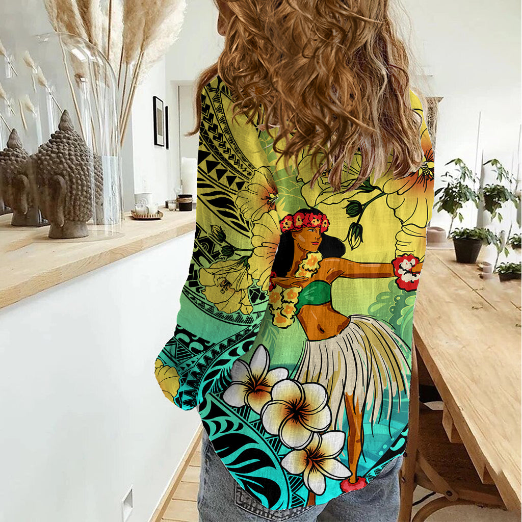 Honolulu Hawaii Damen Freizeithemd Ilima Plumeria mit Hula-Mädchen LT7