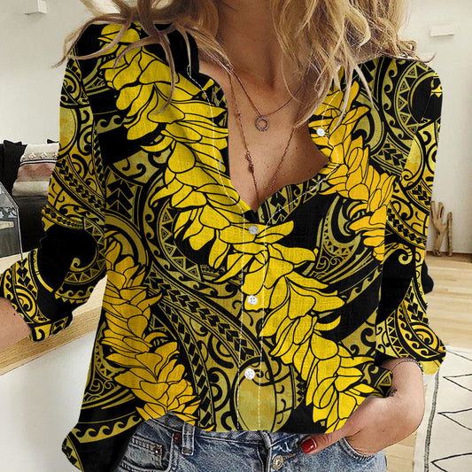 Hawaii Oahu Ilima Lei Women Casual Shirt LT7 Female Yellow - Polynesian Pride