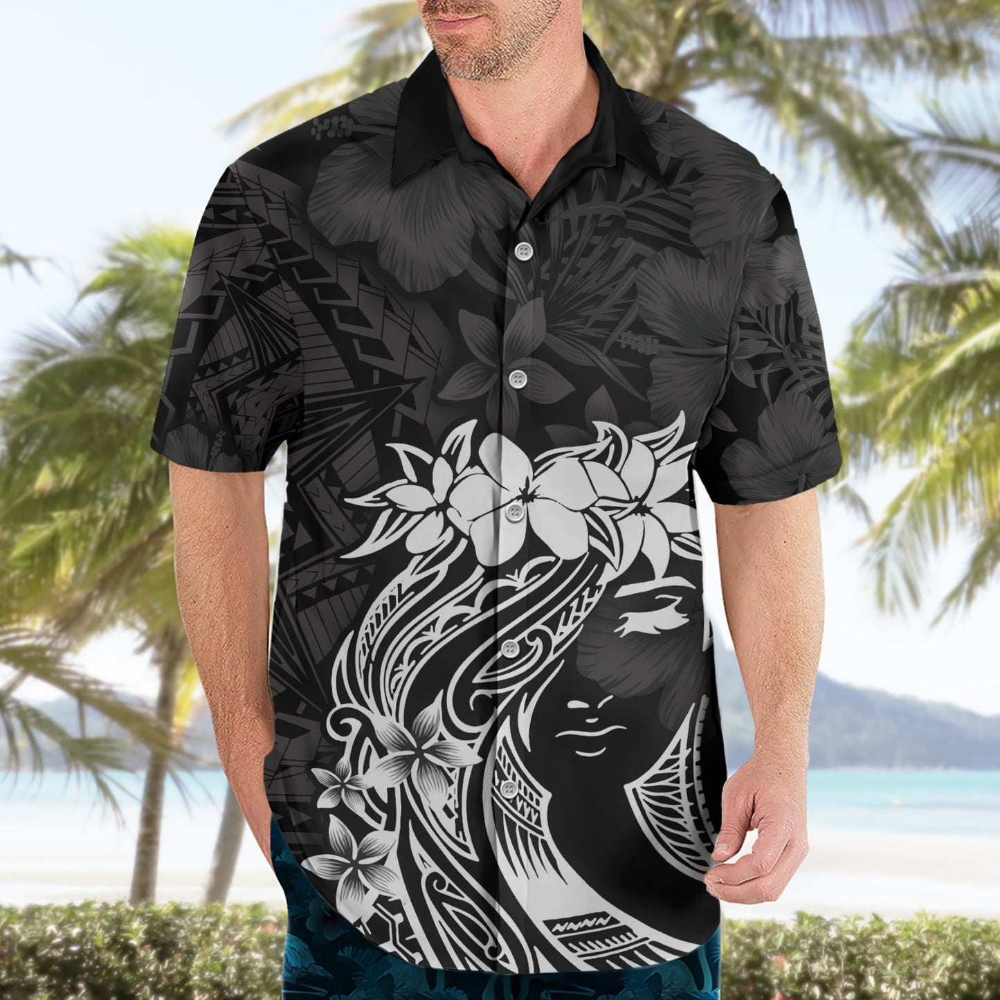 Polynesisches Hawaiihemd zum Frauentag Plumeria Passion - Schwarz LT7
