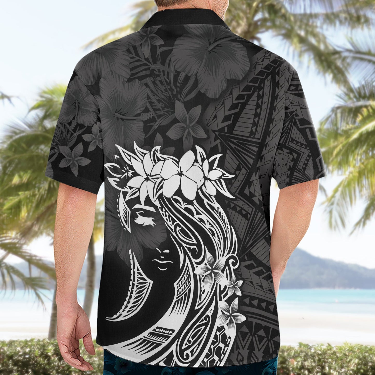 Polynesisches Hawaiihemd zum Frauentag Plumeria Passion - Schwarz LT7