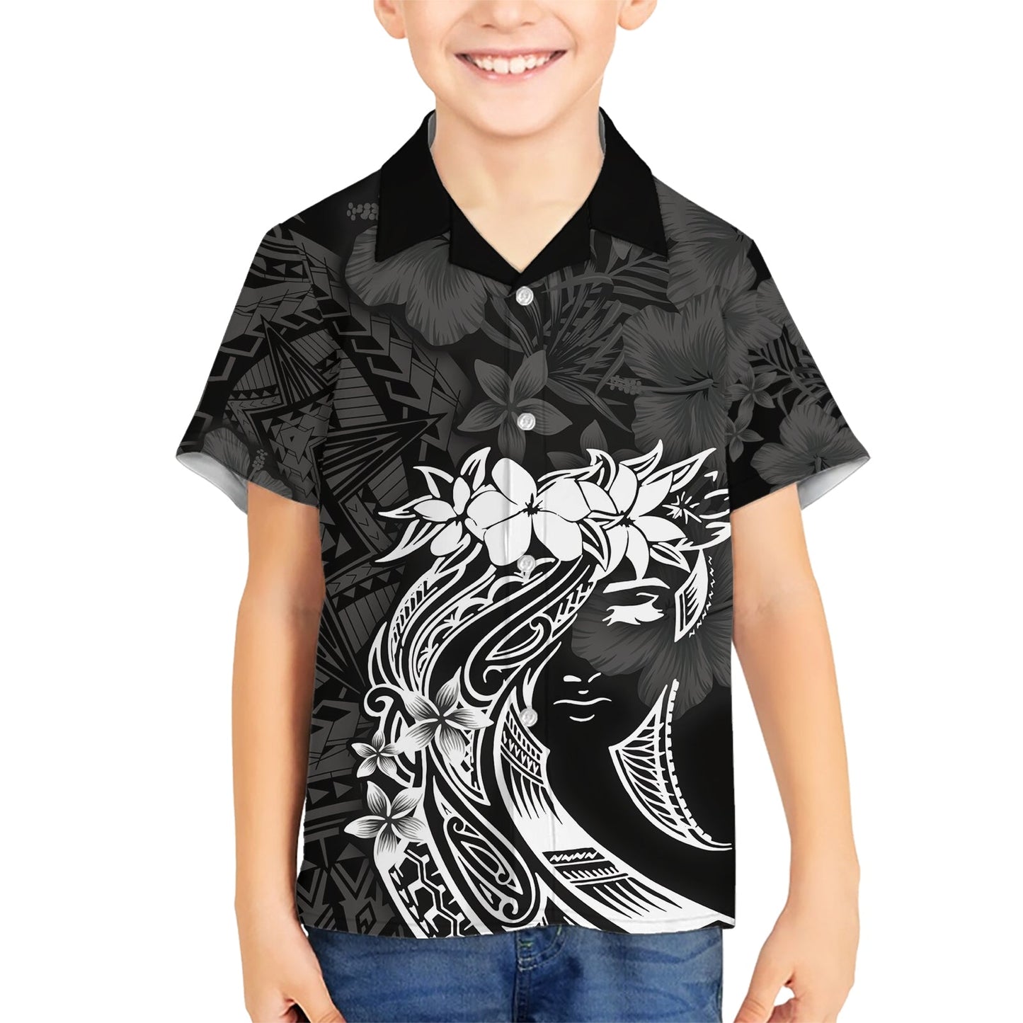 Polynesisches Hawaiihemd zum Frauentag Plumeria Passion - Schwarz LT7