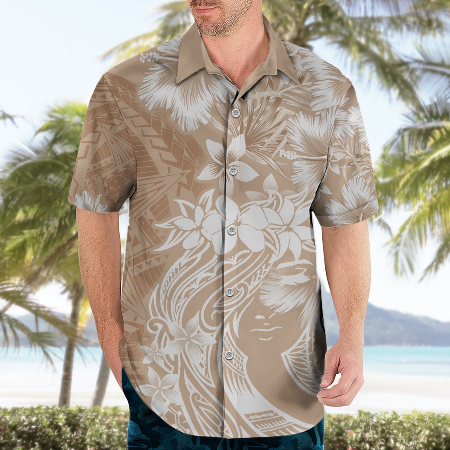 Polynesisches Hawaiihemd zum Frauentag Plumeria Passion - Beige LT7