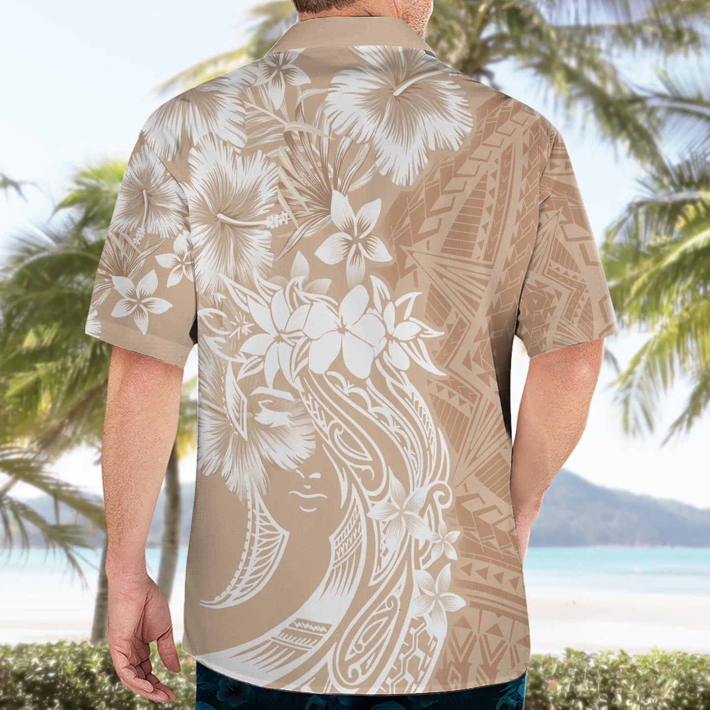 Polynesisches Hawaiihemd zum Frauentag Plumeria Passion - Beige LT7