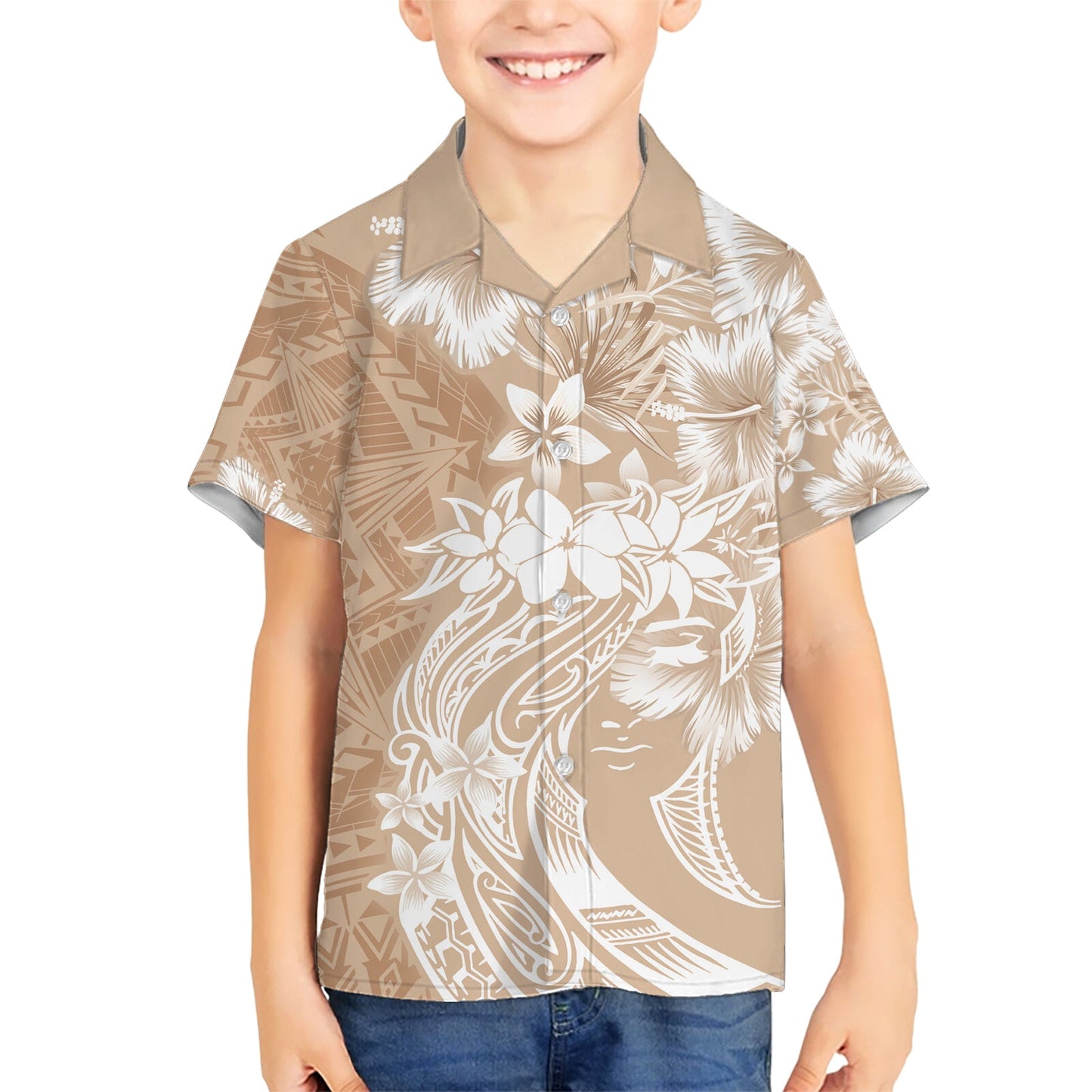 Polynesisches Hawaiihemd zum Frauentag Plumeria Passion - Beige LT7
