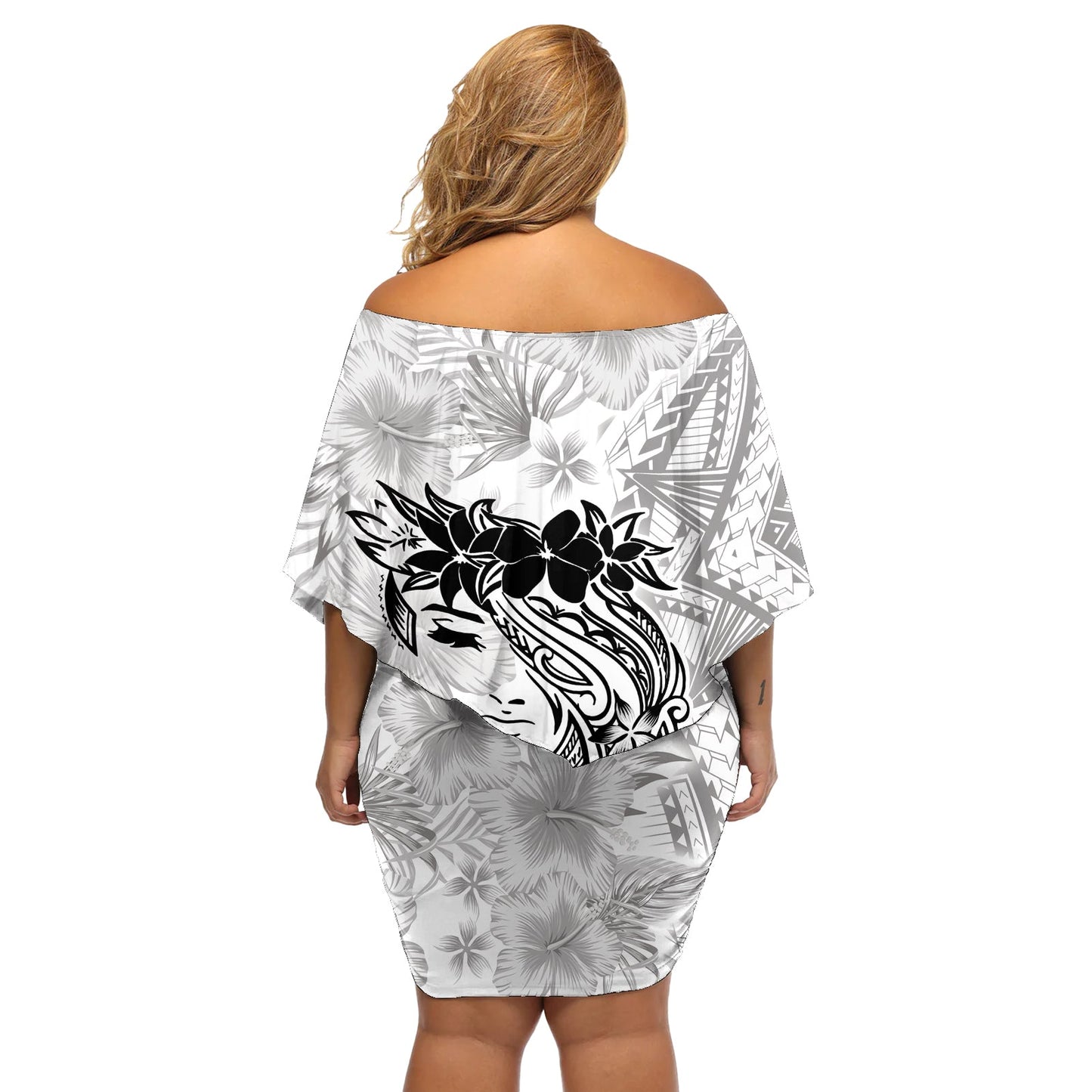 Polynesisches Damen-Tageskleid mit schulterfreiem Schulterdekolleté Plumeria Passion – Weiß LT7