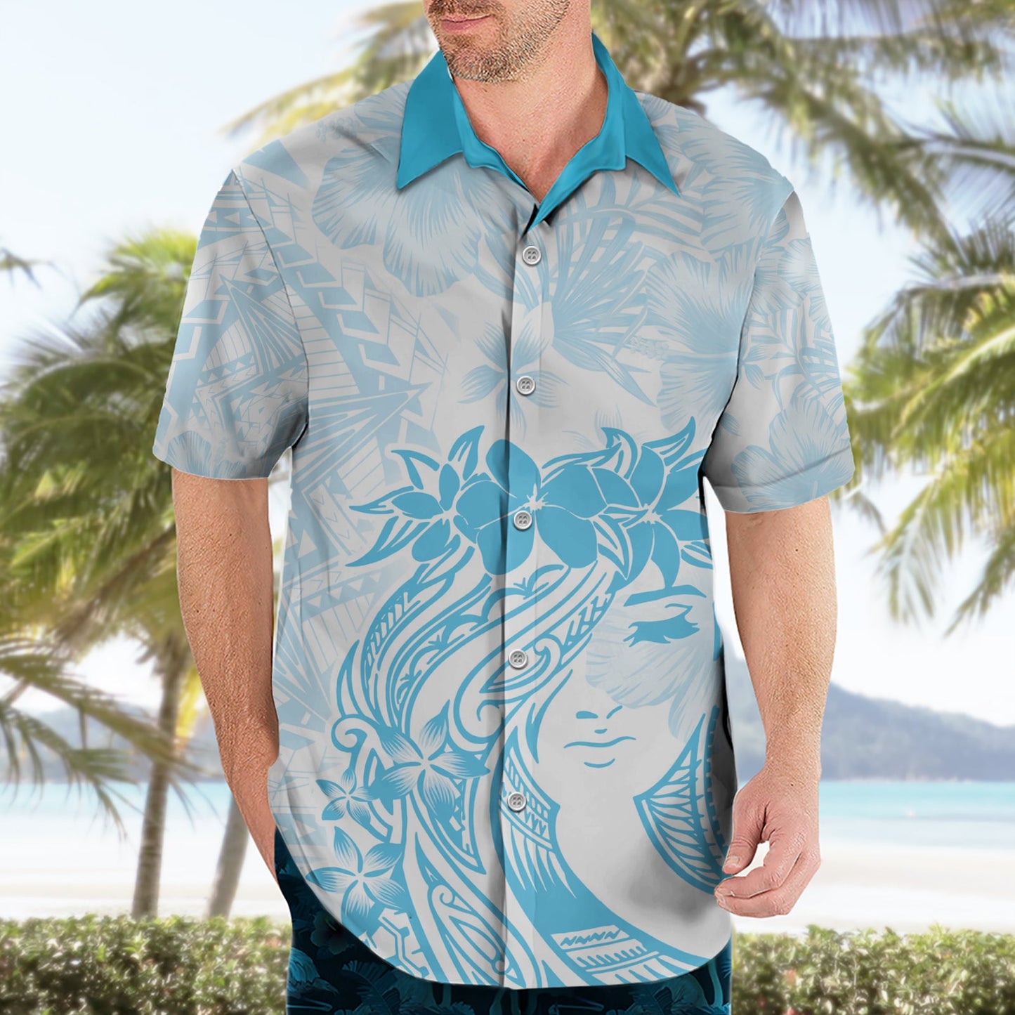Polynesisches Hawaiihemd zum Frauentag Plumeria Passion - Türkis LT7