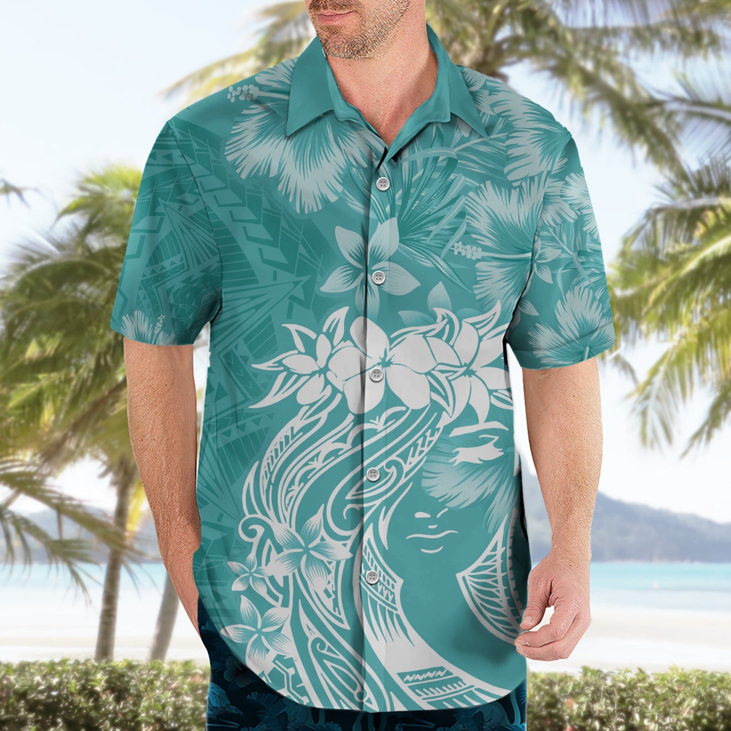 Polynesisches Hawaiihemd zum Frauentag Plumeria Passion - Teal LT7