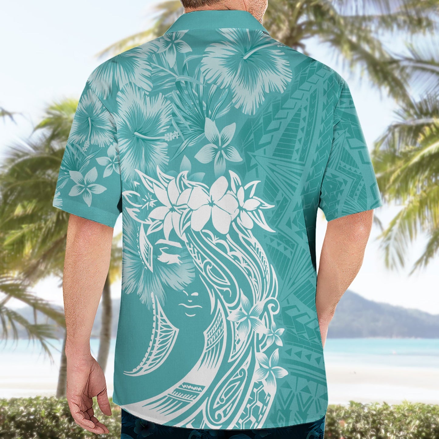 Polynesisches Hawaiihemd zum Frauentag Plumeria Passion - Teal LT7