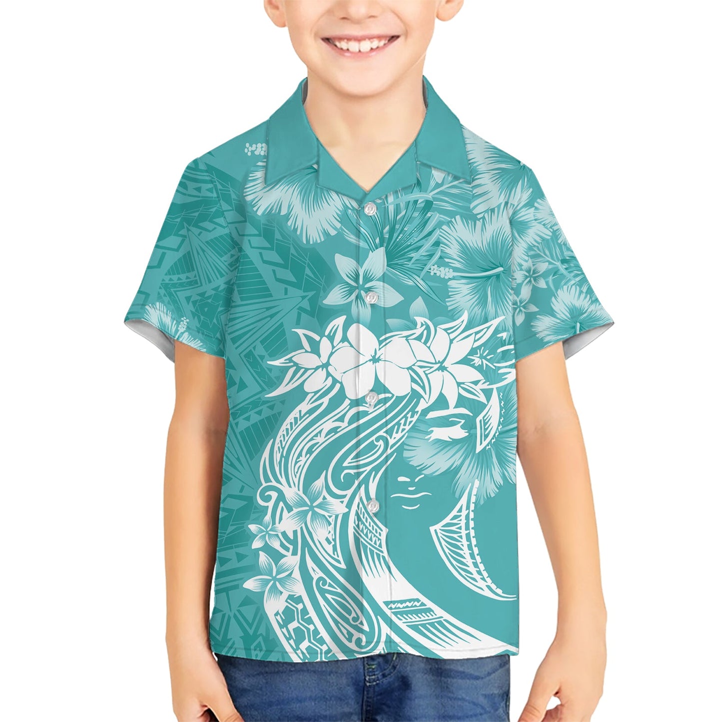 Polynesisches Hawaiihemd zum Frauentag Plumeria Passion - Teal LT7