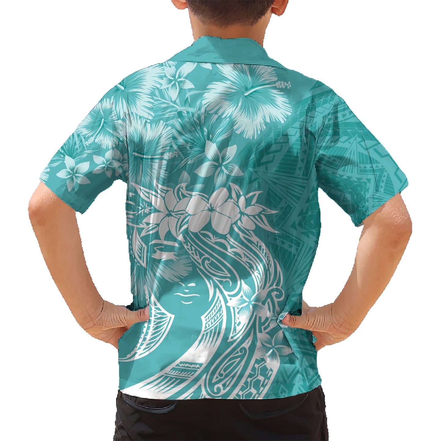 Polynesisches Hawaiihemd zum Frauentag Plumeria Passion - Teal LT7