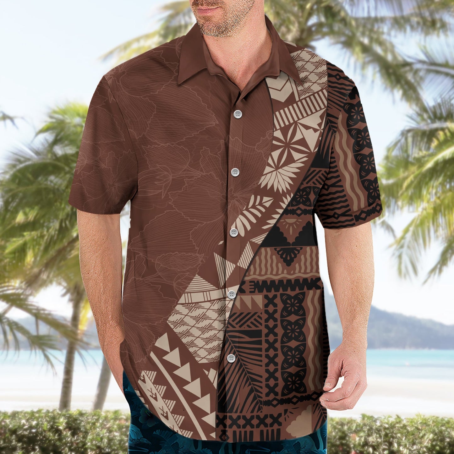 Bula Fiji Hawaiihemd Tribal Masi Tapa - Braun LT7