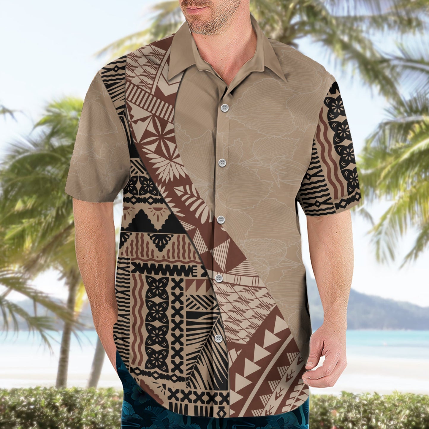 Bula Fiji Hawaiihemd Tribal Masi Tapa - Beige LT7
