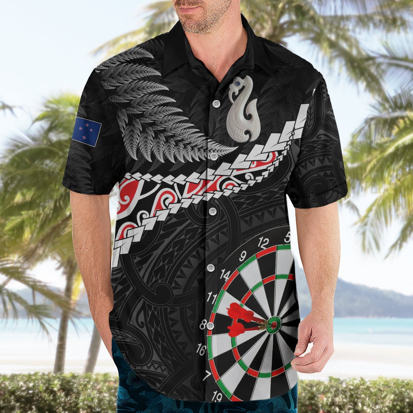 Personalisiertes Neuseeland Darts Hawaiihemd Maori Manaia LT7