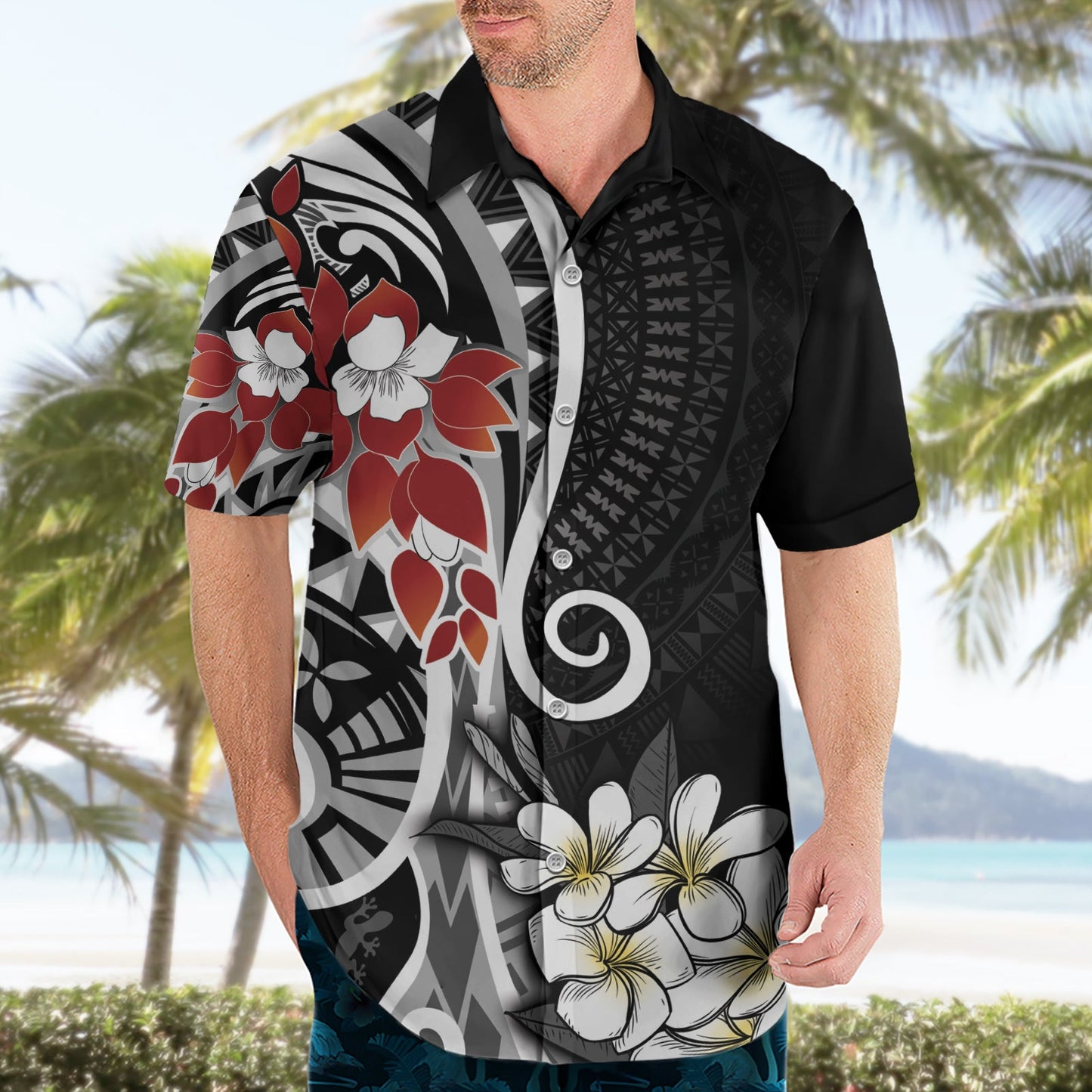 Bula Fiji Tagimaucia Mix Plumeria Masi Tapa Hawaiihemd Schwarz LT7