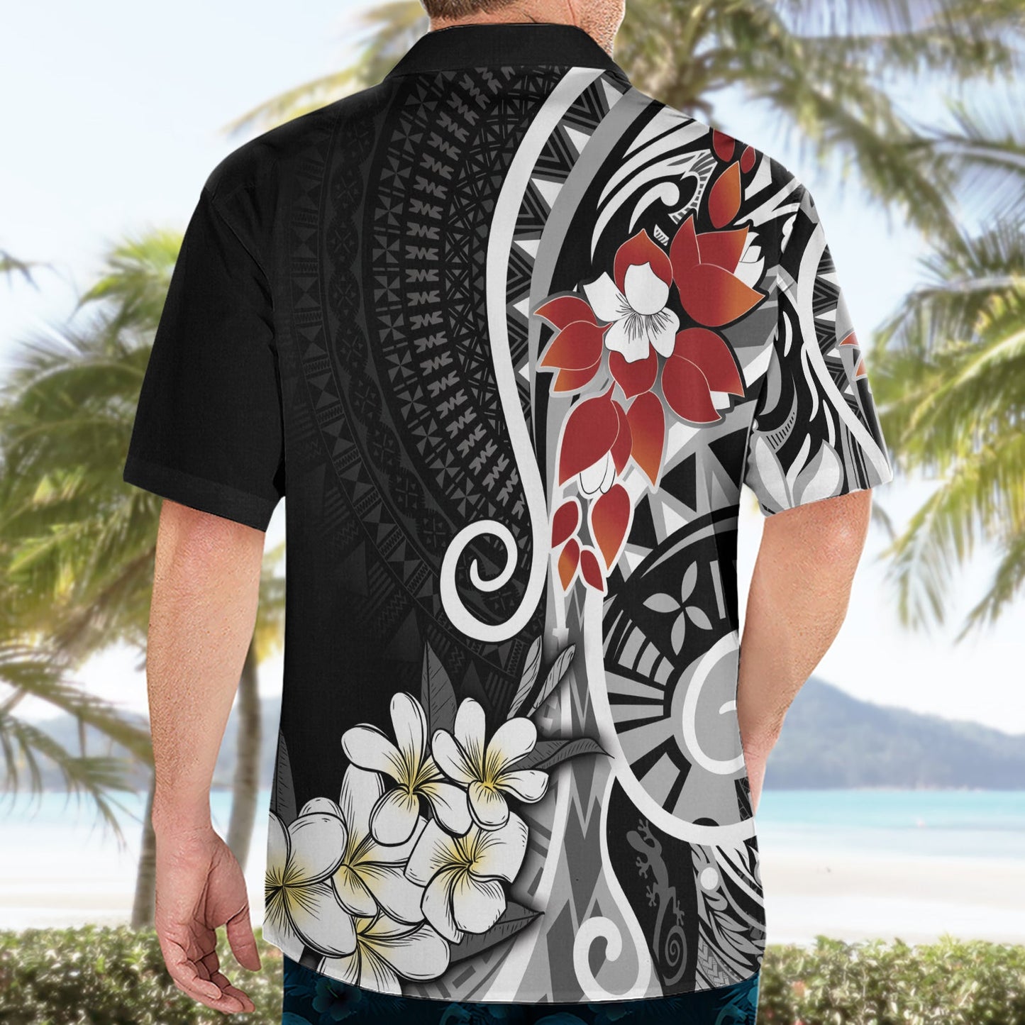 Bula Fiji Tagimaucia Mix Plumeria Masi Tapa Hawaiihemd Schwarz LT7