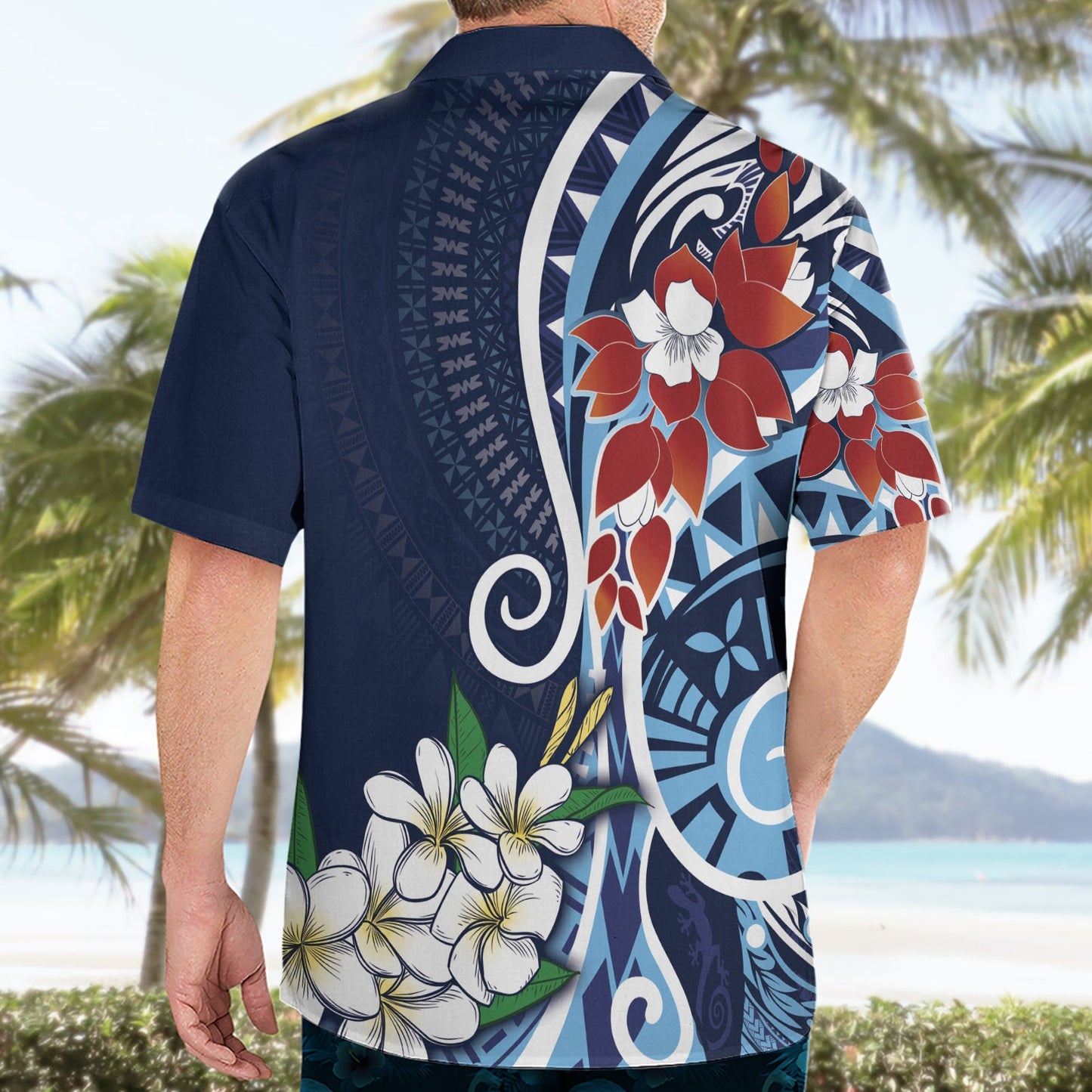 Bula Fiji Tagimaucia Mix Plumeria Masi Tapa Hawaiihemd Blau LT7