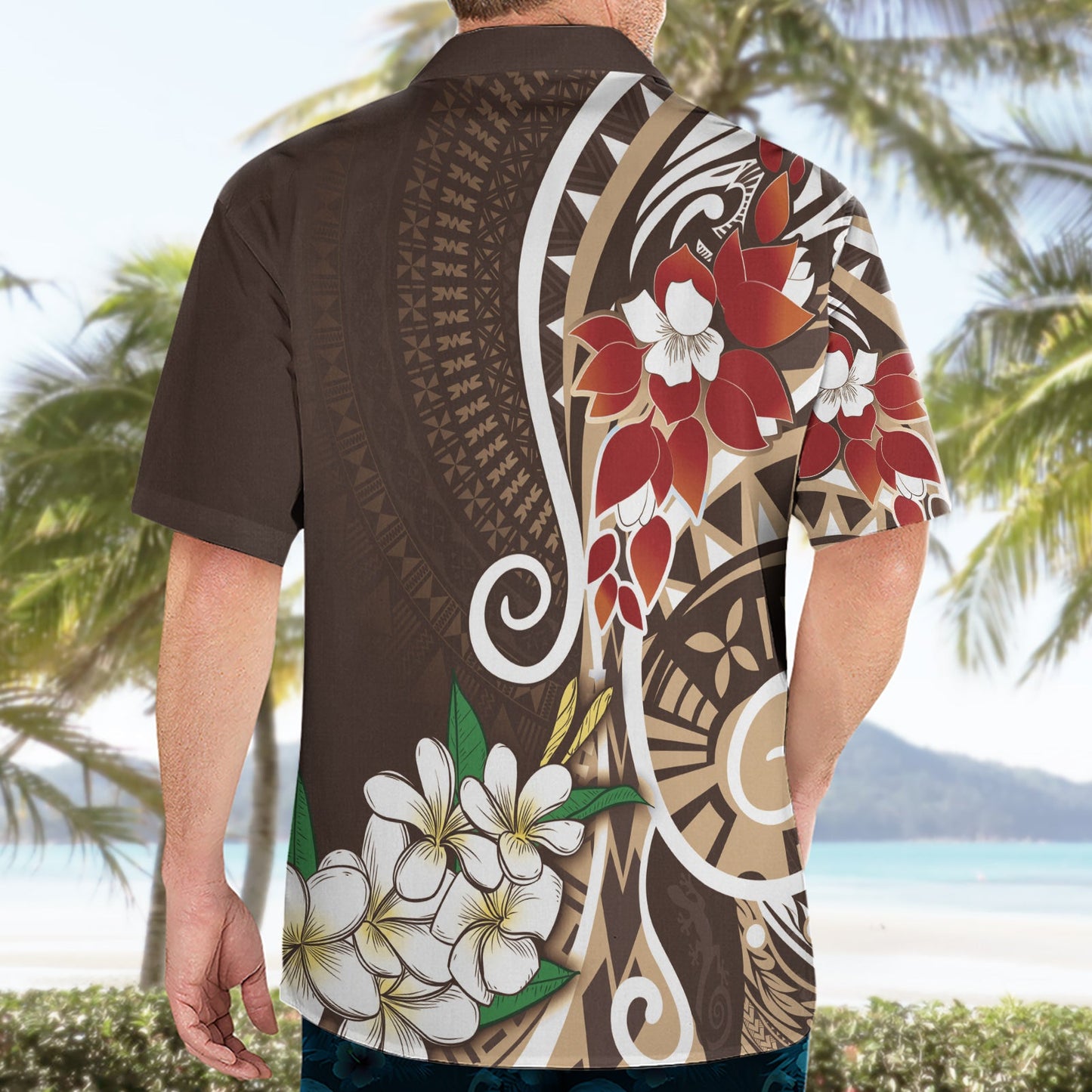 Bula Fiji Tagimaucia Mix Plumeria Masi Tapa Hawaiihemd Braun LT7