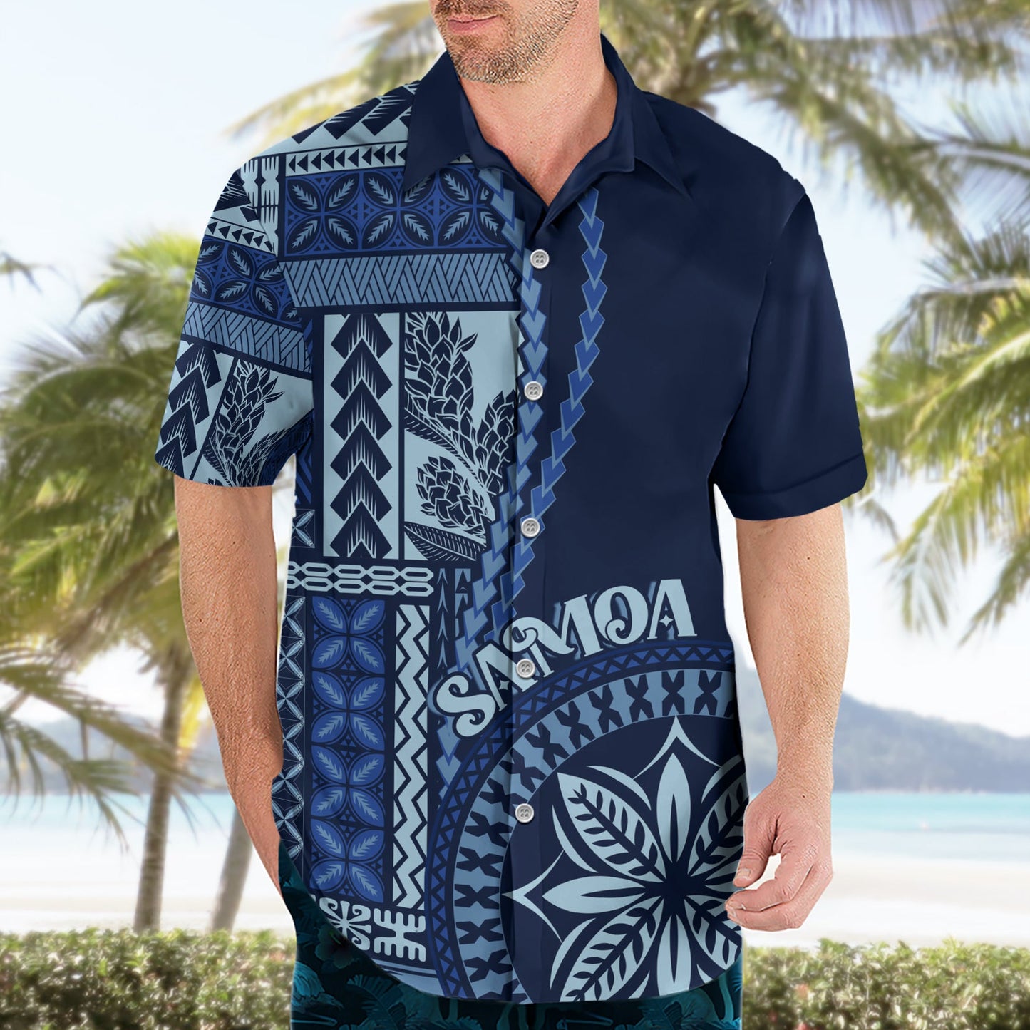Hawaiihemd im klassischen Stil mit Samoa-Siapo-Motiv – Blaue Version LT7