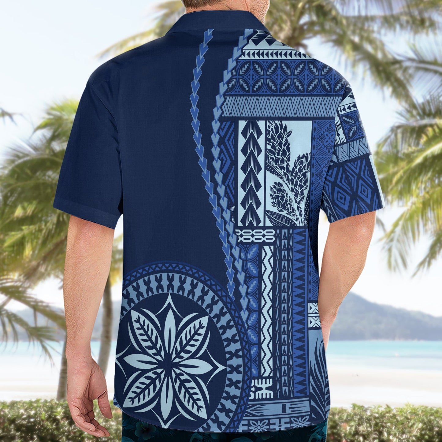 Hawaiihemd im klassischen Stil mit Samoa-Siapo-Motiv – Blaue Version LT7