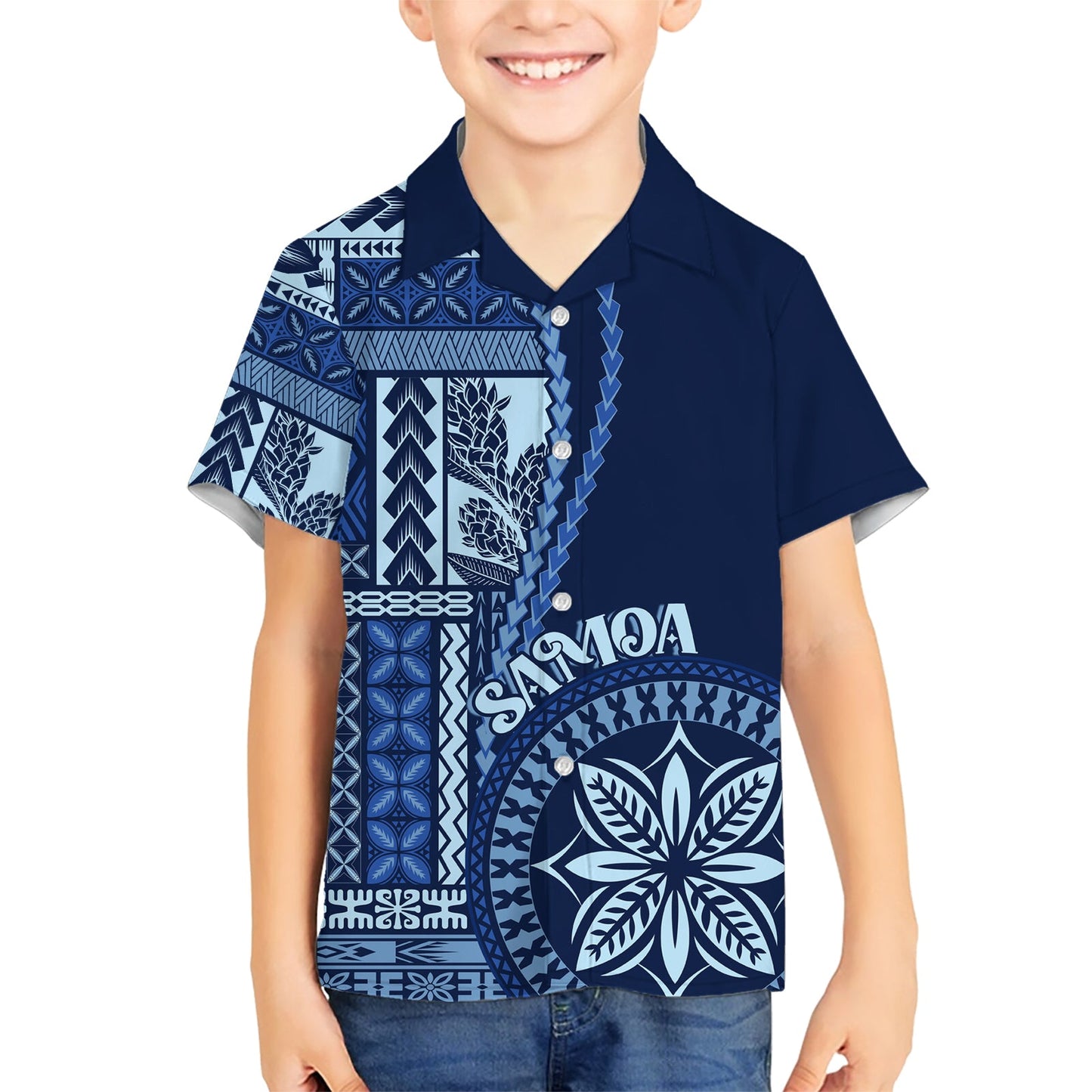 Hawaiihemd im klassischen Stil mit Samoa-Siapo-Motiv – Blaue Version LT7