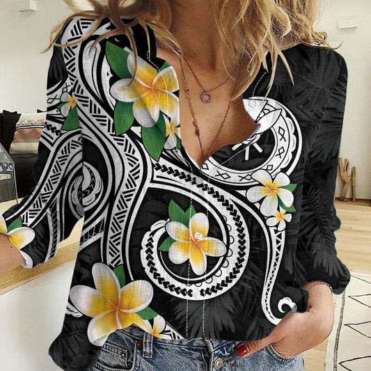 Kanaka Maoli Hawaii Plumeria Women Casual Shirt Dancing Tentacles Black Style