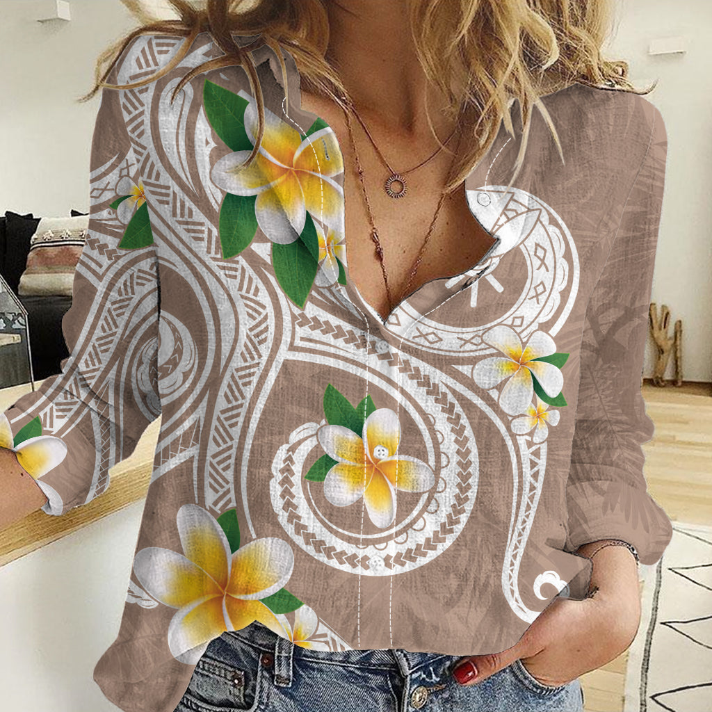 Kanaka Maoli Hawaii Plumeria Women Casual Shirt Dancing Tentacles Beige Style