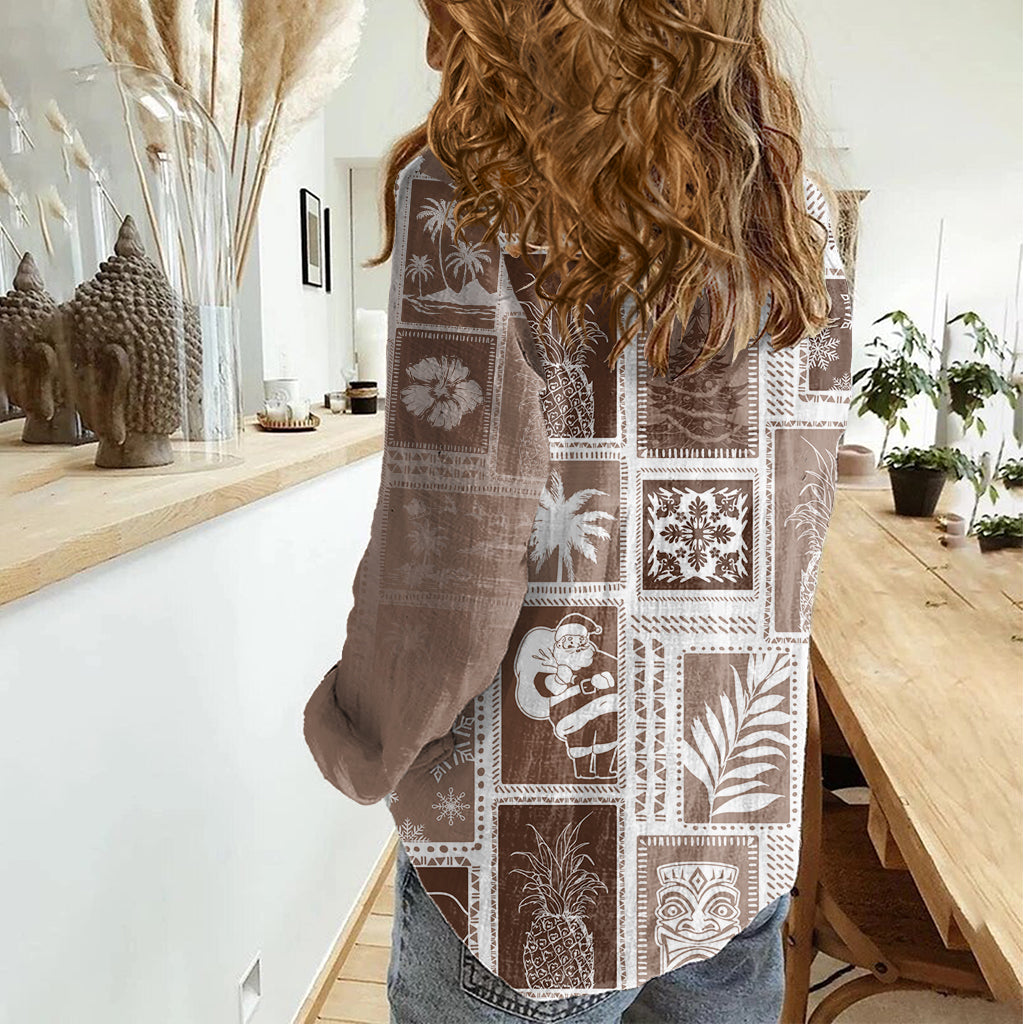 Hawaii Weihnachten Retro Patchwork Damen Freizeithemd Braun LT7