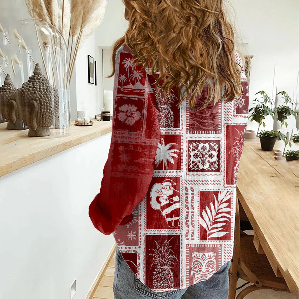 Hawaii Weihnachten Retro Patchwork Damen Freizeithemd Rot LT7