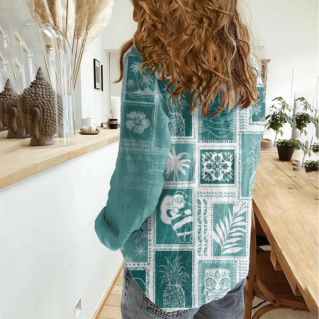 Hawaii Weihnachten Retro Patchwork Damen Freizeithemd Teal LT7