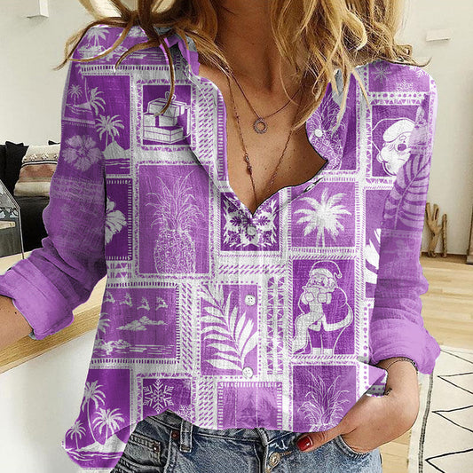 Hawaii Christmas Retro Patchwork Women Casual Shirt Violet LT7 Female Violet - Polynesian Pride
