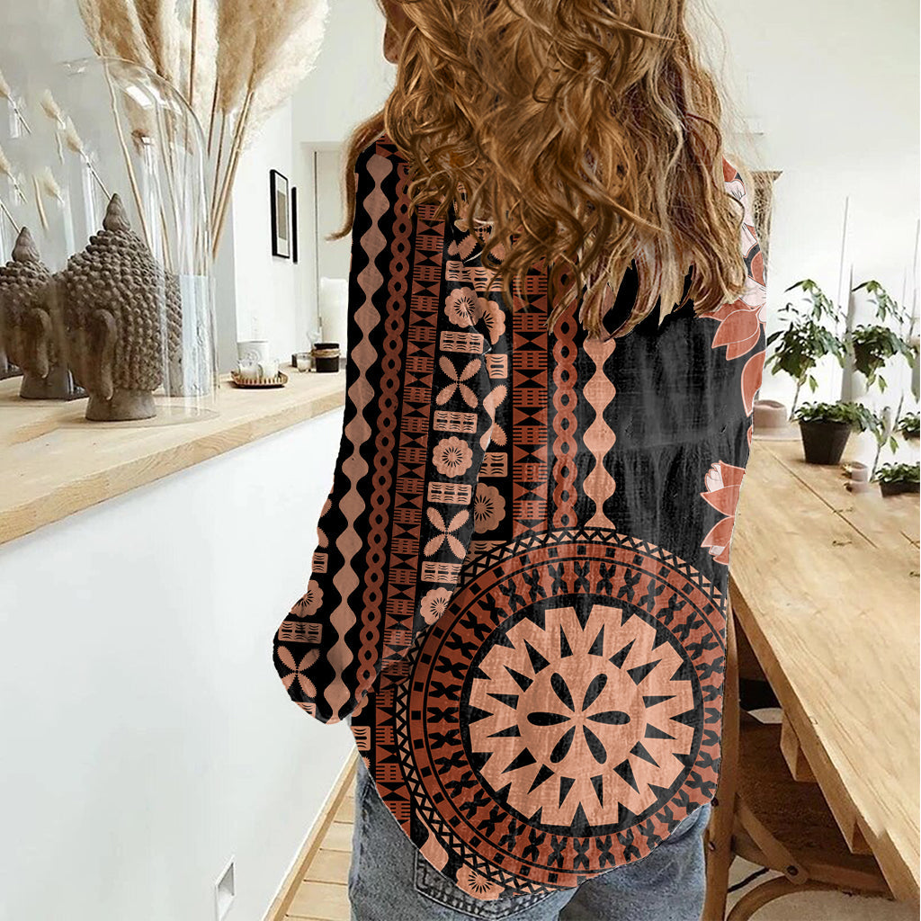 Fiji Tagimoucia Blume mit Tapa Tribal Frauen Casual Shirt braun Farbe LT9