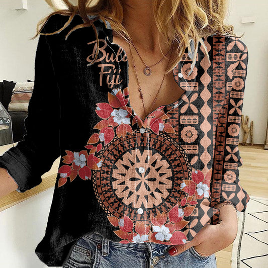 Bula Fiji Tagimoucia Flower Masi Tapa Tribal Women Casual Shirt Brown Color LT9 Female Brown - Polynesian Pride