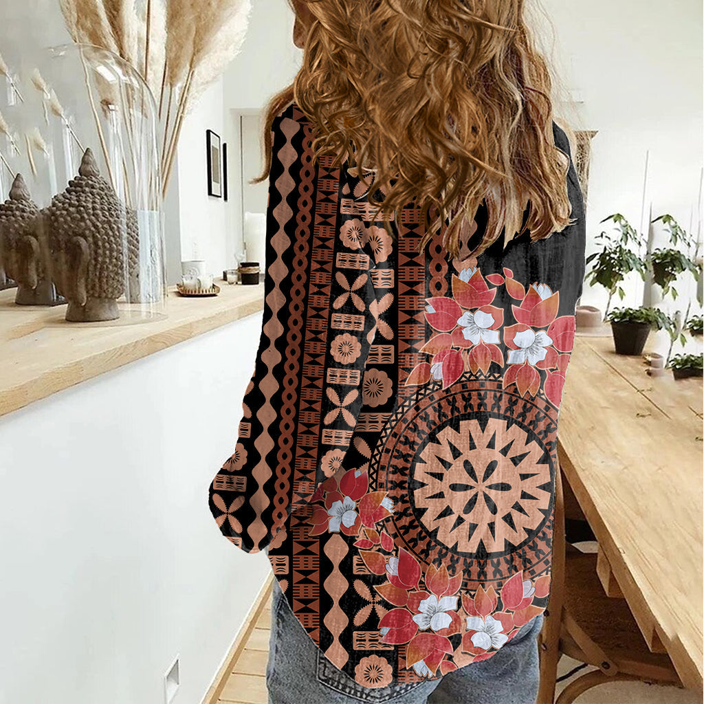 Bula Fiji Tagimoucia Blume Masi Tapa Tribal Damen Freizeithemd Braun Farbe LT9