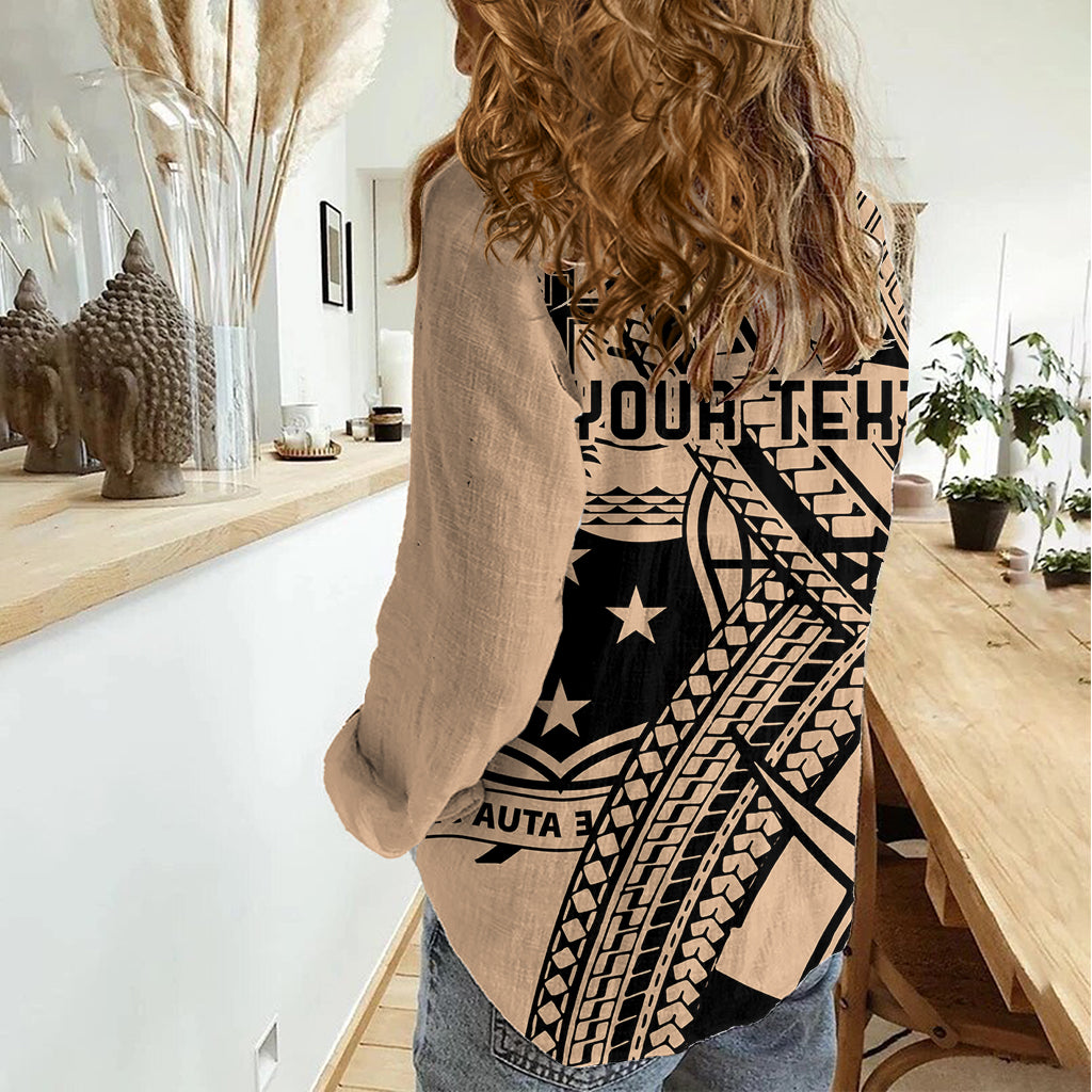 Benutzerdefinierte Samoa Manuia le 62 Tausaga O le Tutoatasi Frauen Casual Shirt Samoan Tatau Beige Art LT9