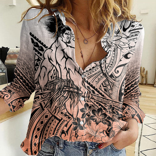 Beauty and The Warrior Polynesian Valentine Women Casual Shirt Hibiscus FLowers Orange Style LT9 Female Orange - Polynesian Pride