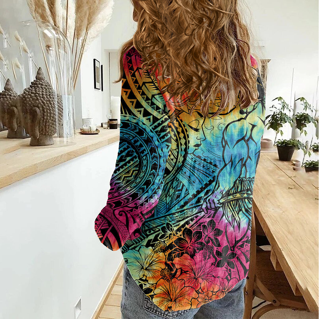 Beauty and The Warrior Polynesian Valentine Damen Casual Shirt Hibiskusblüten Regenbogen Stil LT9