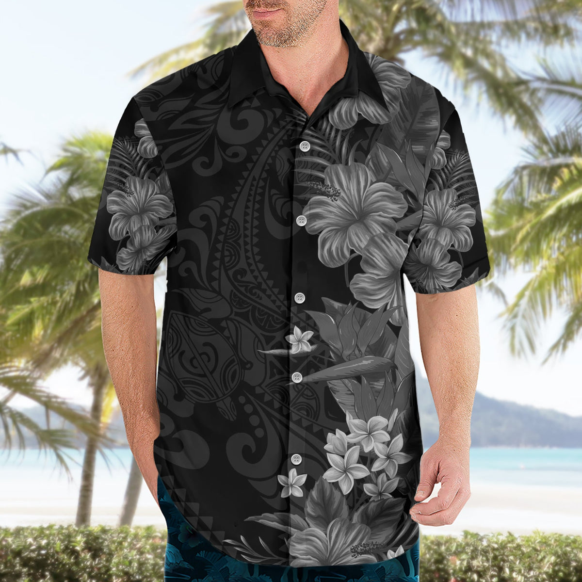 Hawaii Tropische Blumen Tribal Muster Hawaiihemd Schwarz Style LT9