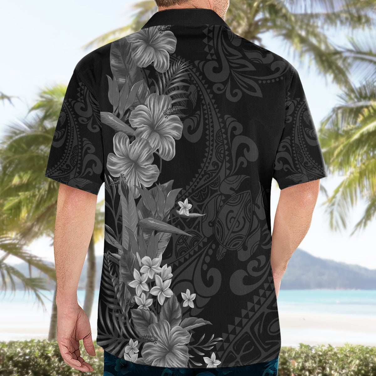Hawaii Tropische Blumen Tribal Muster Hawaiihemd Schwarz Style LT9