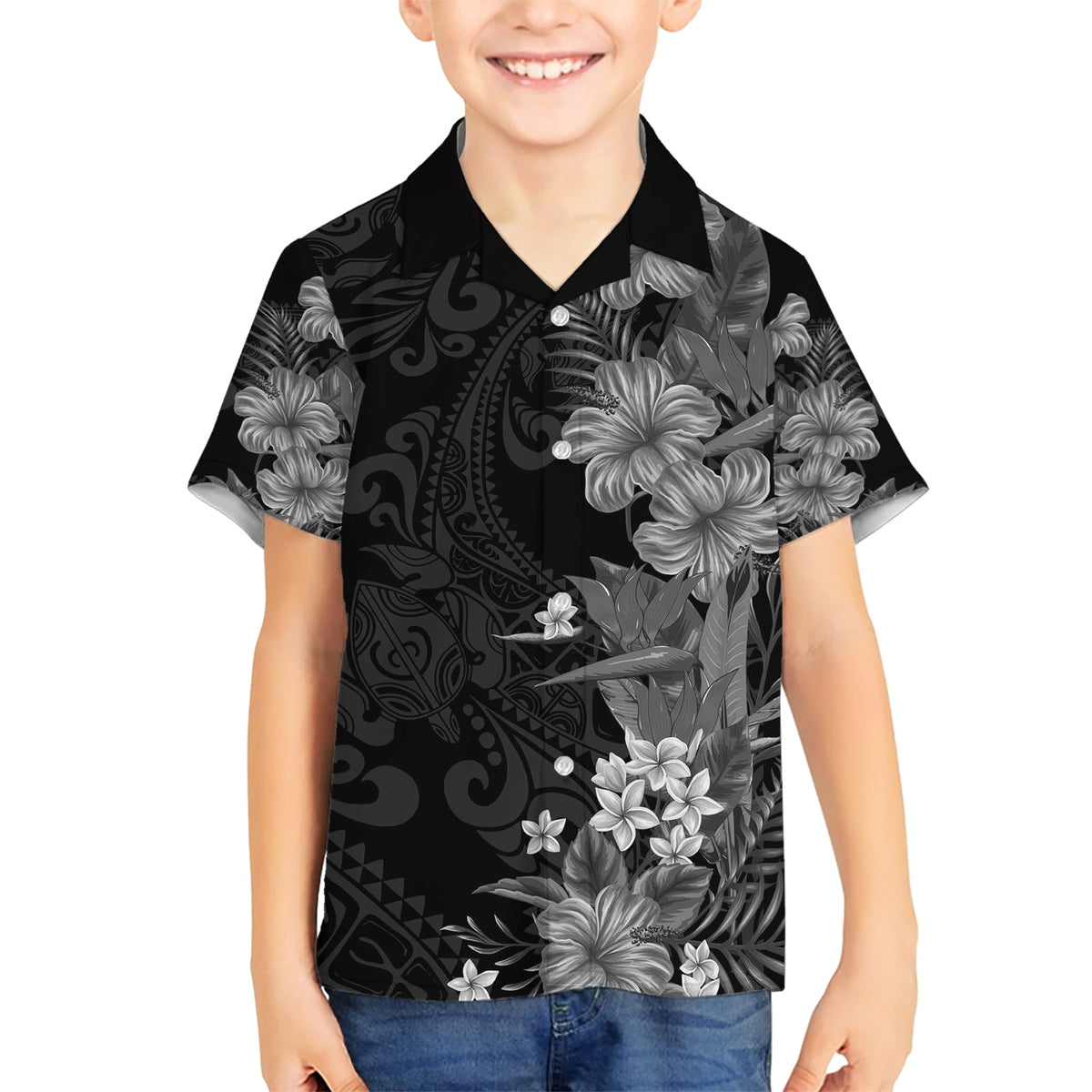 Hawaii Tropische Blumen Tribal Muster Hawaiihemd Schwarz Style LT9
