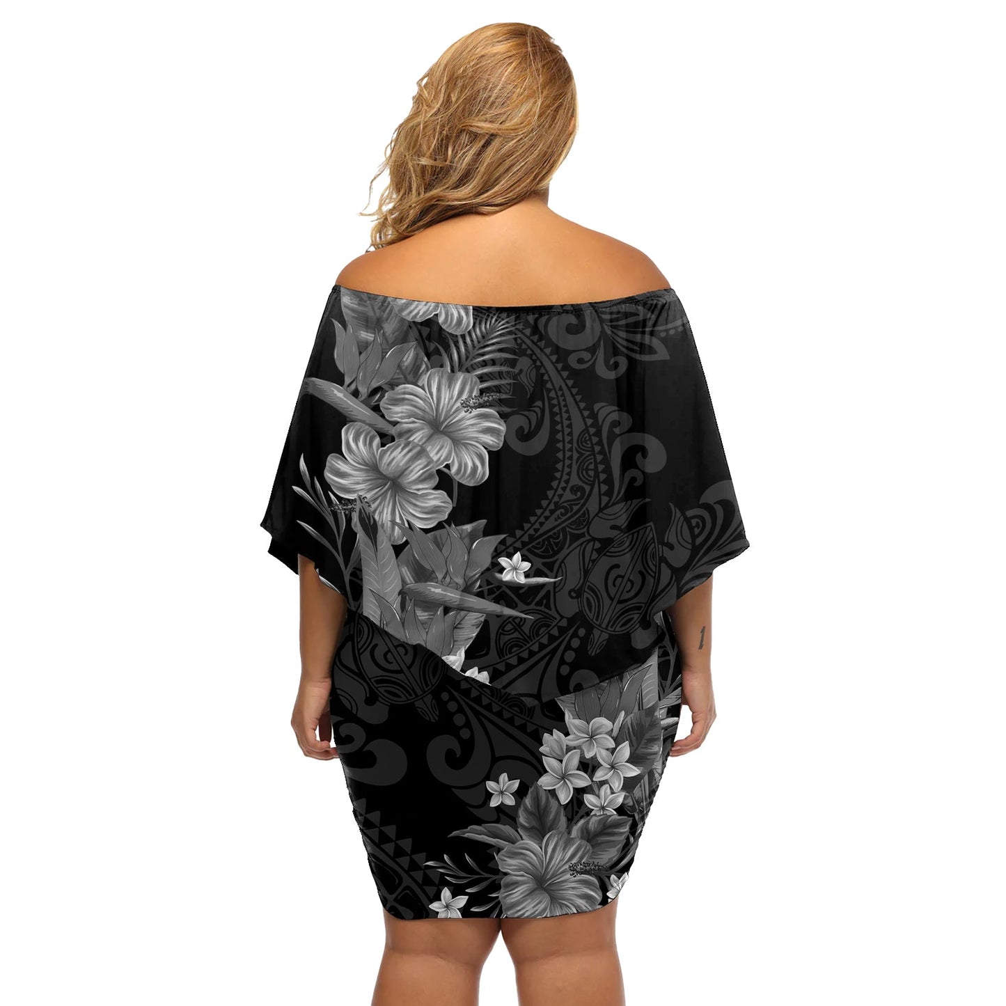 Hawaii Tropische Blumen Tribal Muster Off Shoulder Kurzes Kleid blumen Schwarz Style LT9
