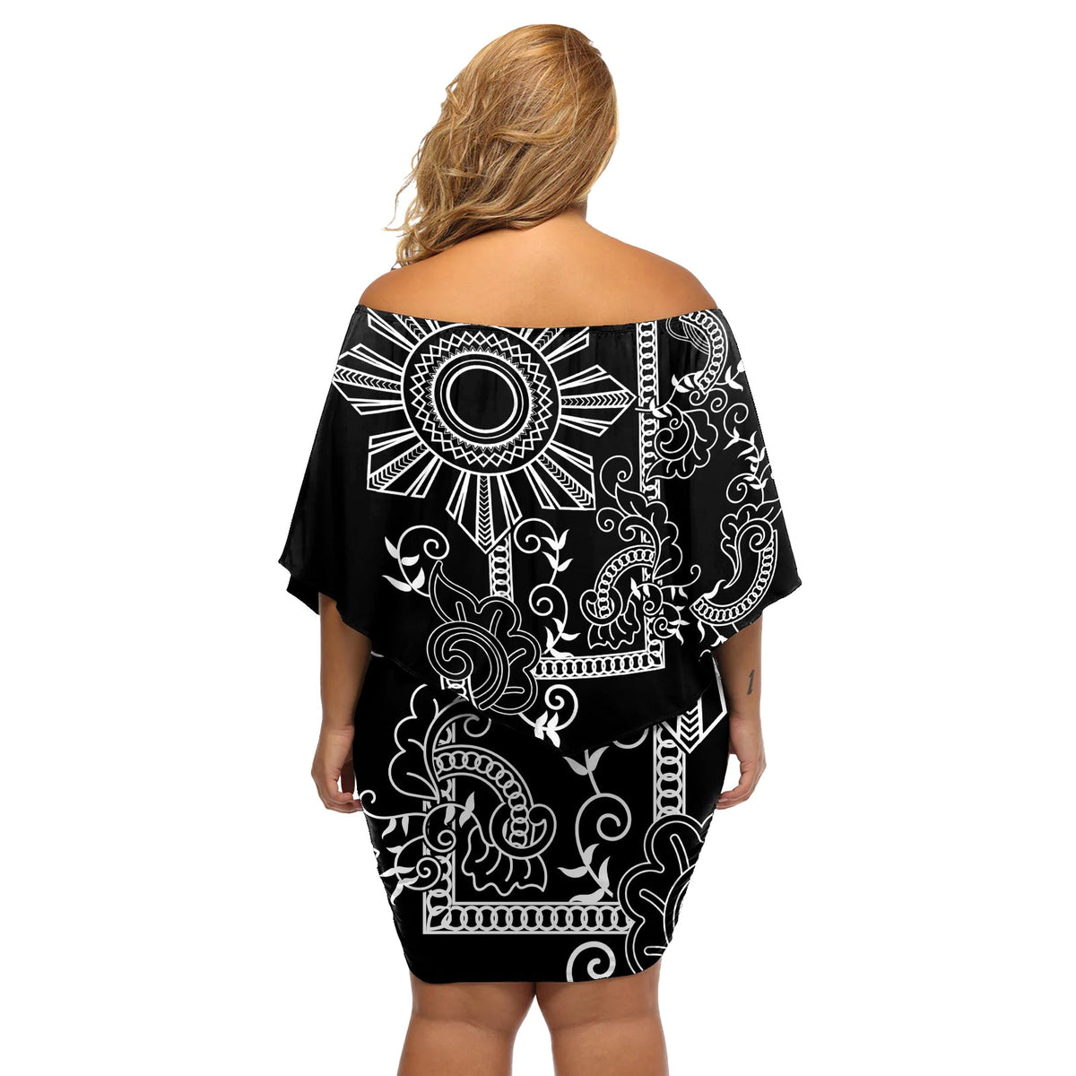 Filipino Sun Tribal Tattoo Off Shoulder Kurzes Kleider blumen Philippinen inspiriert Barong Simple Black LT9