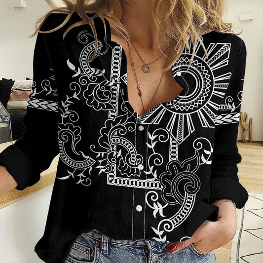 Filipino Sun Tribal Tattoo Women Casual Shirt Philippines Inspired Barong Simple Black