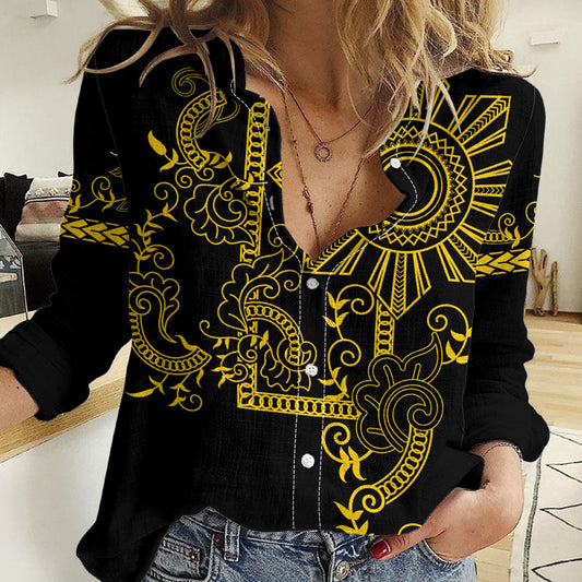 Filipino Sun Tribal Tattoo Women Casual Shirt Philippines Inspired Barong Simple Gold