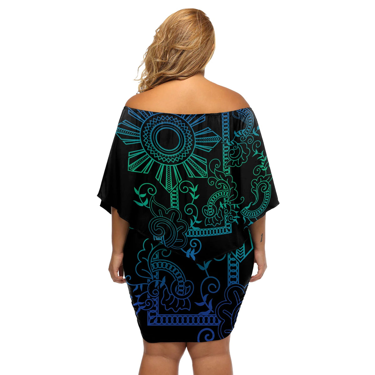 Filipino Sun Tribal Tattoo Off Shoulder Kurzes Kleider blumen Philippinen inspiriert Barong Blue Art LT9