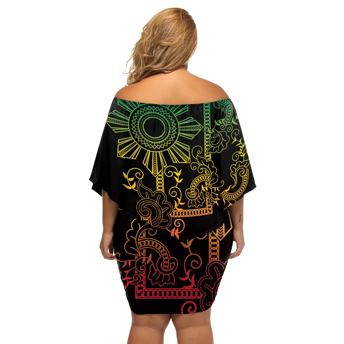 Filipino Sun Tribal Tattoo Off Shoulder Kurzes Kleider blumen Philippinen inspiriert Barong Reggae Art LT9
