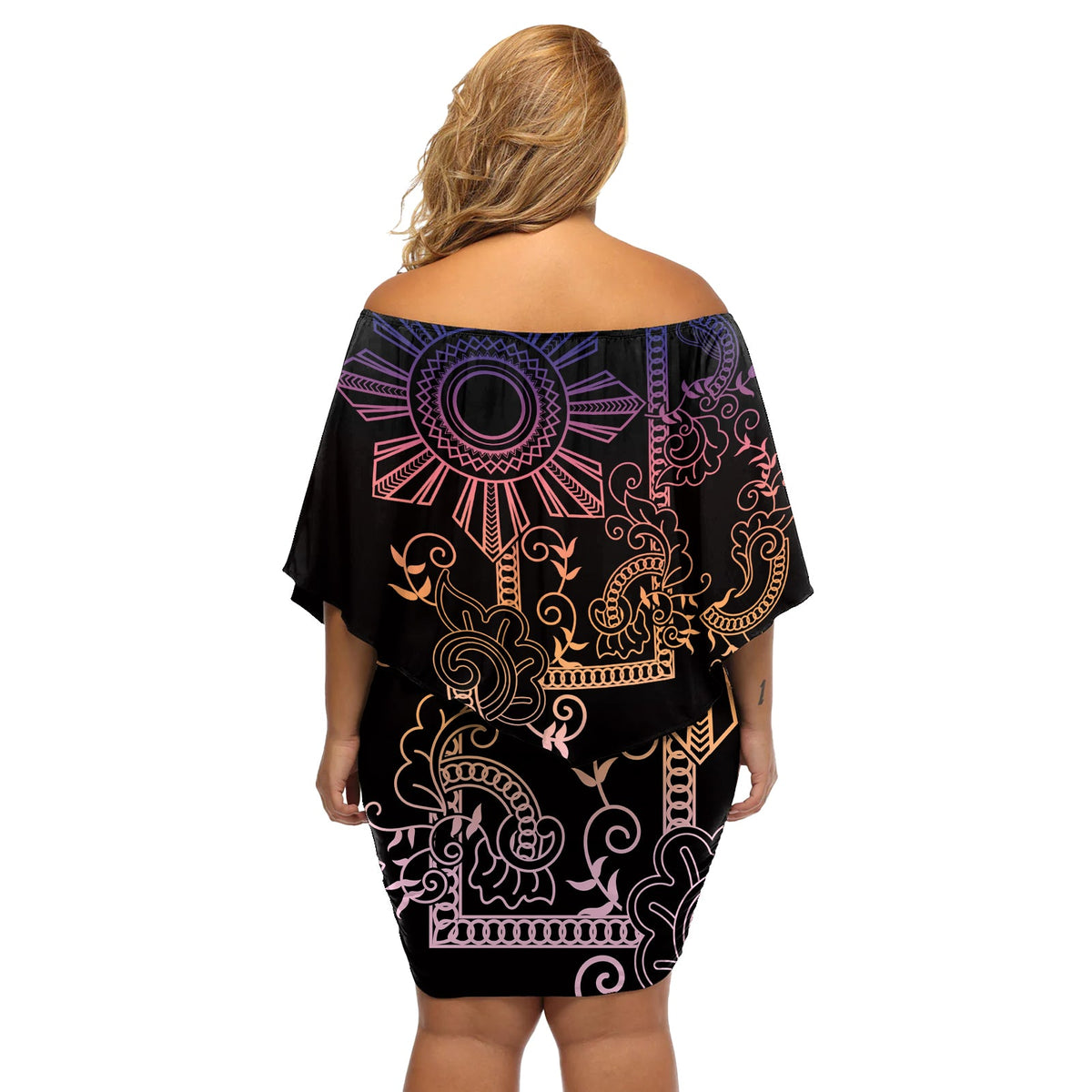 Filipino Sun Tribal Tattoo Off Shoulder Kurzes Kleider blumen Philippinen inspiriert Barong Pink Art LT9