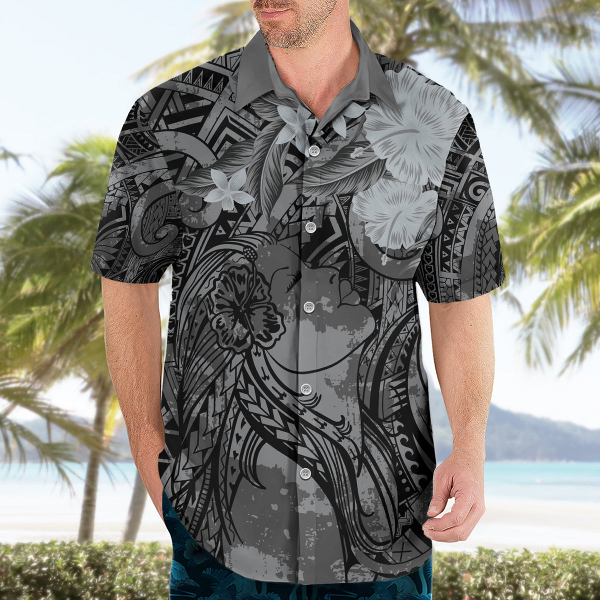 Pacific Beauty Girl Hawaiihemd Schwarz Polynesisches Tribal Vintage Motiv LT9