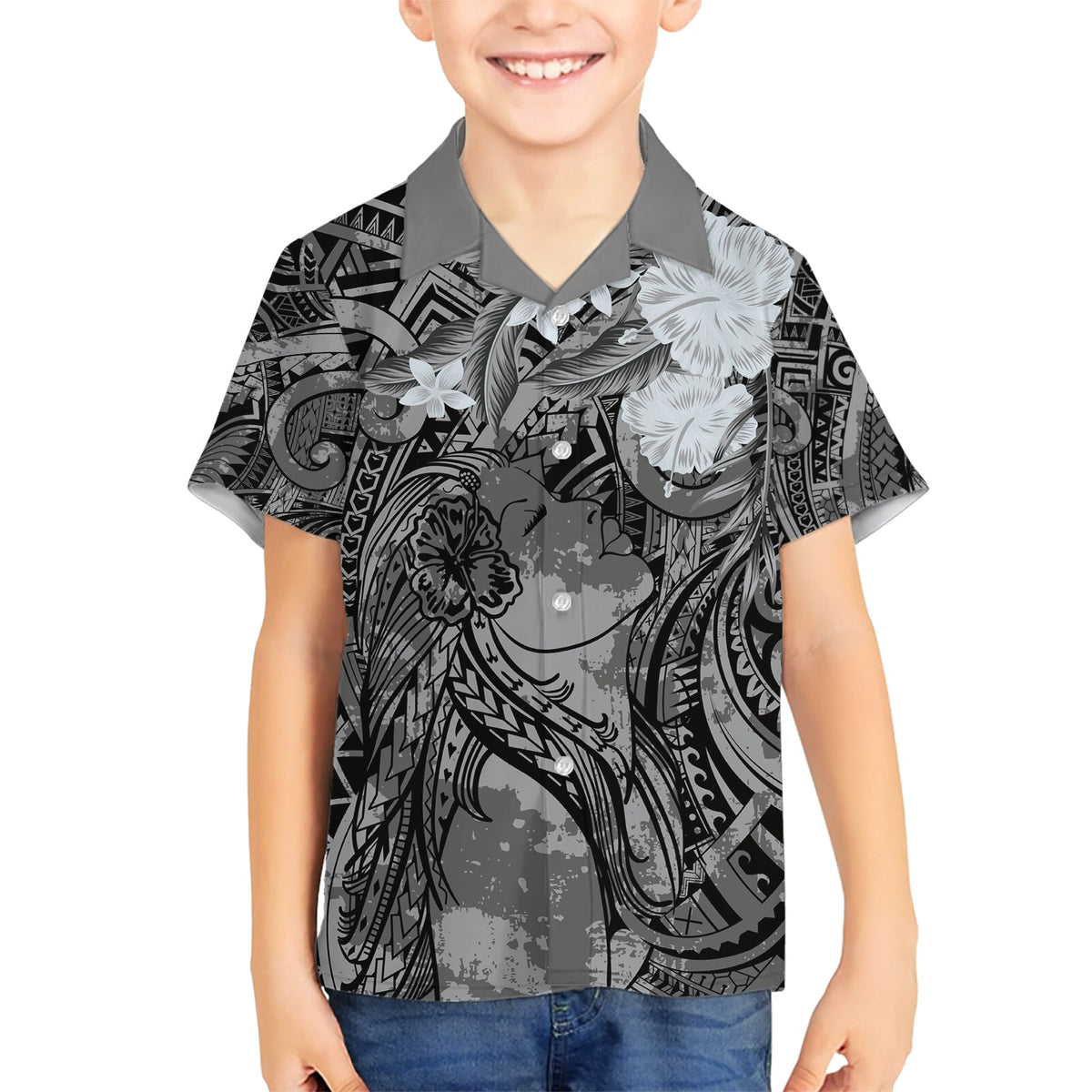 Pacific Beauty Girl Hawaiihemd Schwarz Polynesisches Tribal Vintage Motiv LT9
